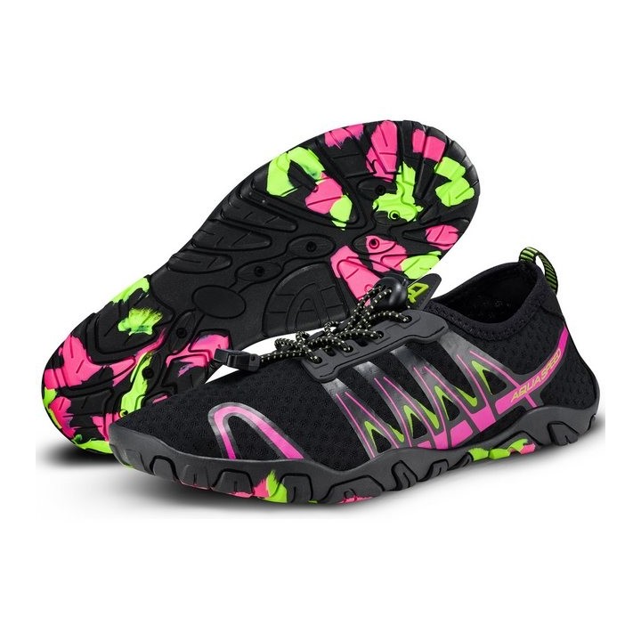 Aqua Speed Gekko Wasserschuhe Gr. 36 – Schwarz/Rosa/Grün mit Handtuch Wasserschuh (Ideal für Freizeit, Therme & Reisen – bequ