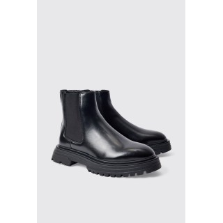 Schwarz PU Chelsea-Stiefel mit klobiger Sohle - 43, Schwarz