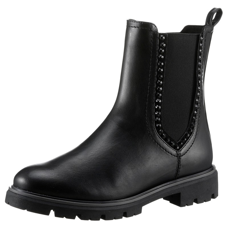 MARCO TOZZI Chelseaboots, Blockabsatz, Stiefelette, Boots, vegan, mit Strass-Steinen verziert