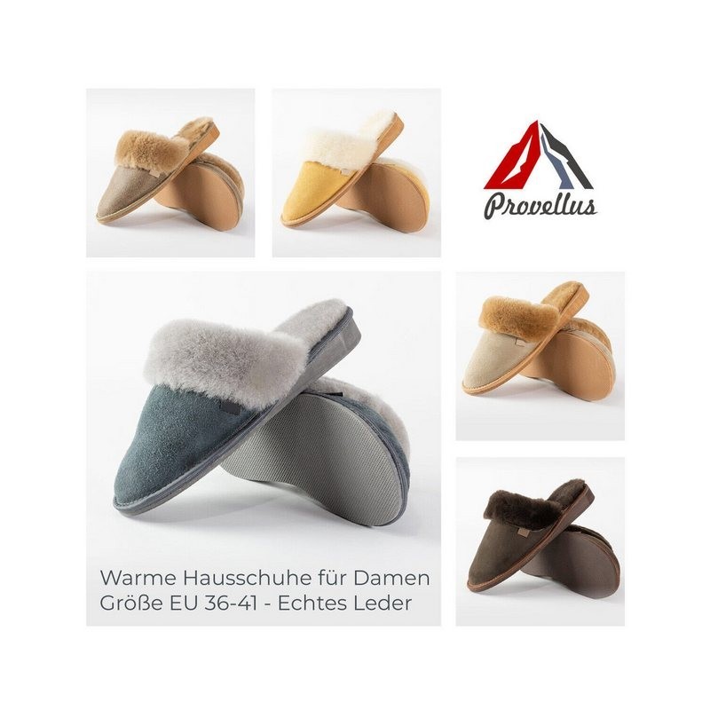 Provellus Hausschuhe Für Damen Pantoffeln Slipper Echt Merinoschaffell/Leder Hausschuh