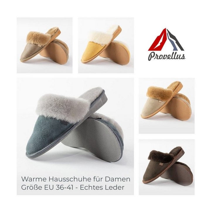 Provellus Hausschuhe Für Damen Pantoffeln Slipper Echt Merinoschaffell/Leder Hausschuh