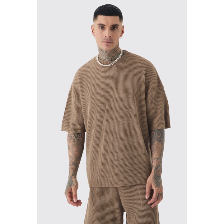 Tall geripptes Oversize Strick T-Shirt - Taupe - S, Taupe