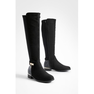 Flache Overknee-Stiefel Mit Kroko-Einsatz - Schwarz - 37, Schwarz