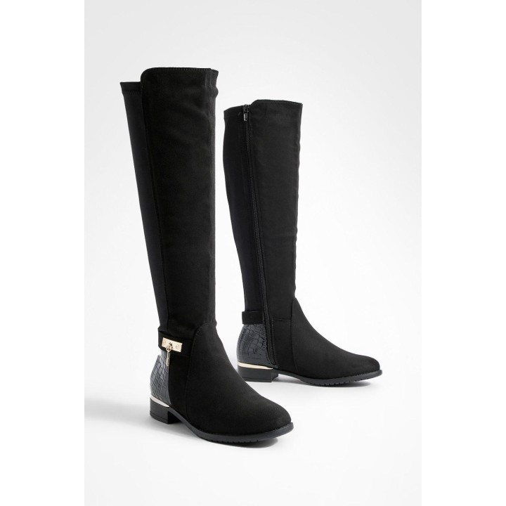 Flache Overknee-Stiefel Mit Kroko-Einsatz - Schwarz - 37, Schwarz