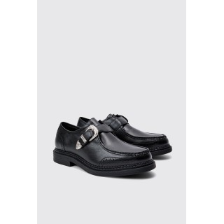 Schwarze Kunstleder-Schuhe mit Western-Schnalle - 42, Schwarz