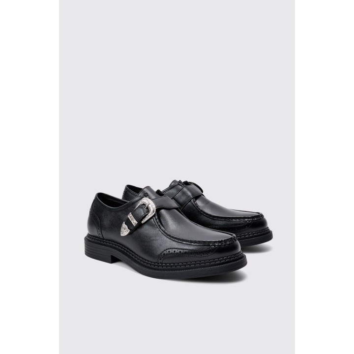 Schwarze Kunstleder-Schuhe mit Western-Schnalle - 42, Schwarz