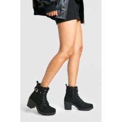 Breite Passform Klobige Geschnürte Wanderstiefel Mit Schnalle - Schwarz - 40, Schwarz