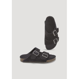 hessnatur Hausschuhe Pantolette Teddy aus chromfrei gegerbtem Nubuk-Leder - schwarz - Größe 36