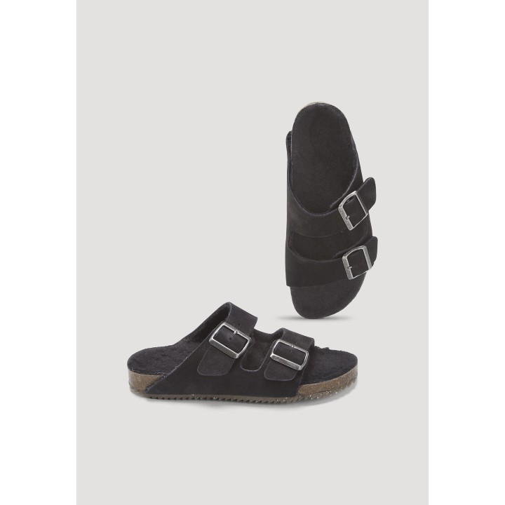 hessnatur Hausschuhe Pantolette Teddy aus chromfrei gegerbtem Nubuk-Leder - schwarz - Größe 36