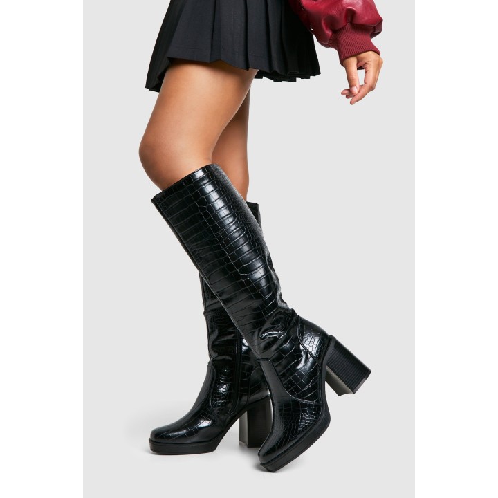 Kniehohe Kroko Platform-Stiefel Mit Blockabsatz - Black - 39, Black