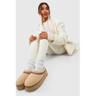 Kuschelige Bestickte Platform-Mules - Beige - 37, Beige