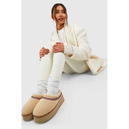 Kuschelige Bestickte Platform-Mules - Beige - 37, Beige