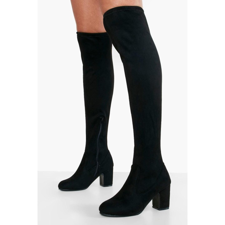 Breite Passform Stretch Overknee-Stiefel Mit Blockabsatz - Schwarz - 41, Schwarz