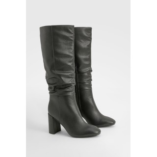 Breite Passform Strukturierte Geraffte Kniehohe Stiefel Mit Absatz - Black - 40, Black