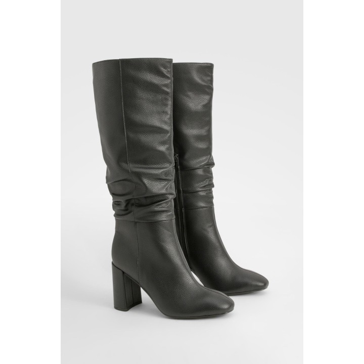 Breite Passform Strukturierte Geraffte Kniehohe Stiefel Mit Absatz - Black - 40, Black