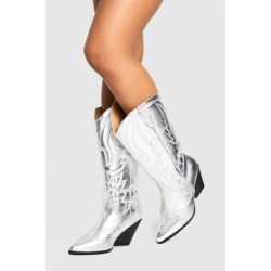 Breite Passform Kniehohe Metallic Western Cowboy-Stiefel - Silver - 38, Silver