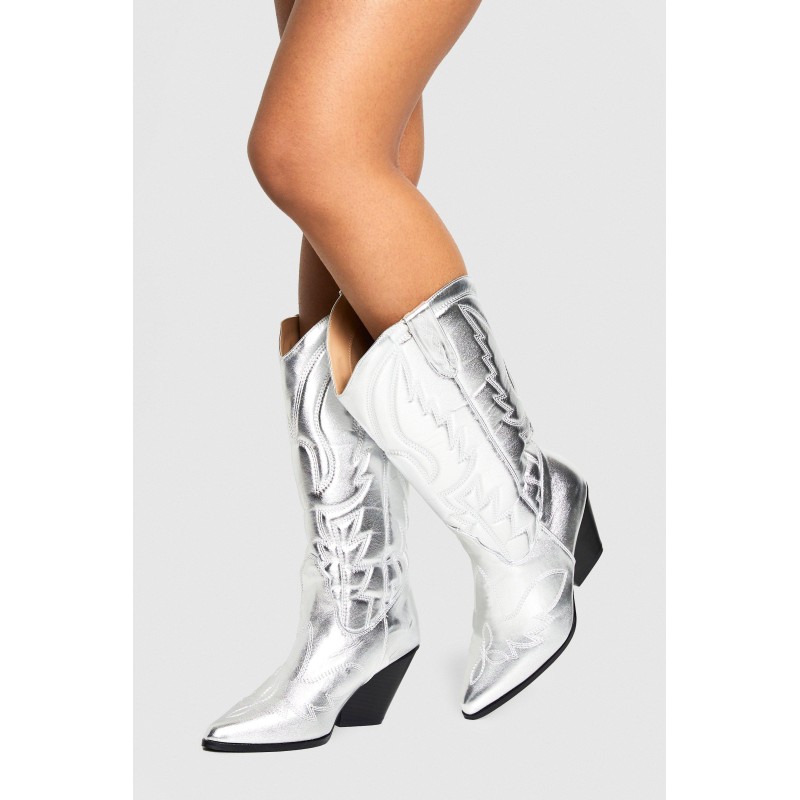 Breite Passform Kniehohe Metallic Western Cowboy-Stiefel - Silver - 38, Silver