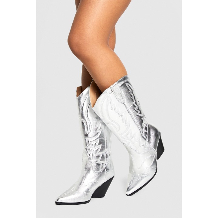 Breite Passform Kniehohe Metallic Western Cowboy-Stiefel - Silver - 38, Silver