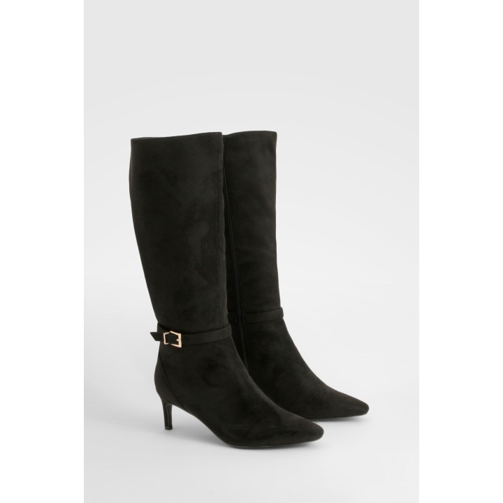 Breite Passform Kniehohe Stiefel Mit Tiefem Absatz Und Schnallen-Detail - Black - 38, Black