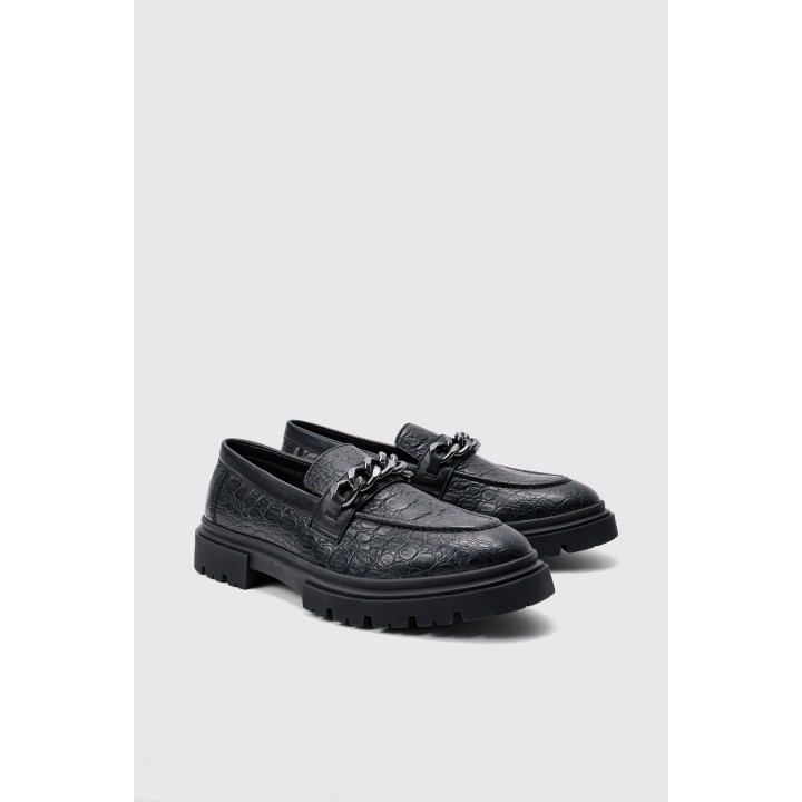 Schwarze PU-Loafer mit klobiger Kette - 43, Schwarz