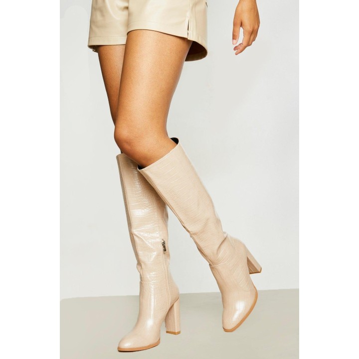 Runde Kniehohe Kroko-Stiefel - Cream - 41, Cream
