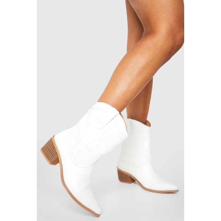 Breite Passform Pu Western-Stiefel Mit Naht-Detail - White - 37, White