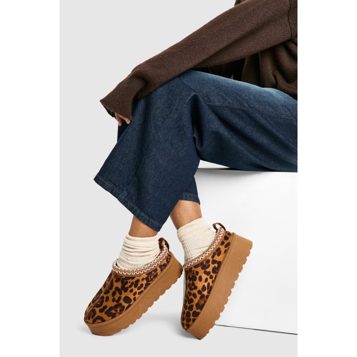 Kuschelige Platform-Mules Mit Leopardenprint-Stickerei - 37, Leopard