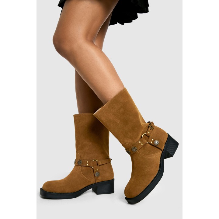 Breite Passform Wildlederimitat-Stiefel Mit Western-Schnalle - Brown - 39, Brown