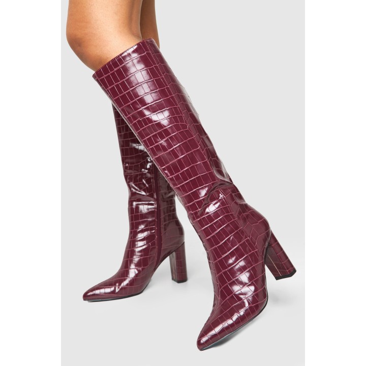 Breite Passform Spitze Kniehohe Kroko-Stiefel - Oxblood - 38, Oxblood