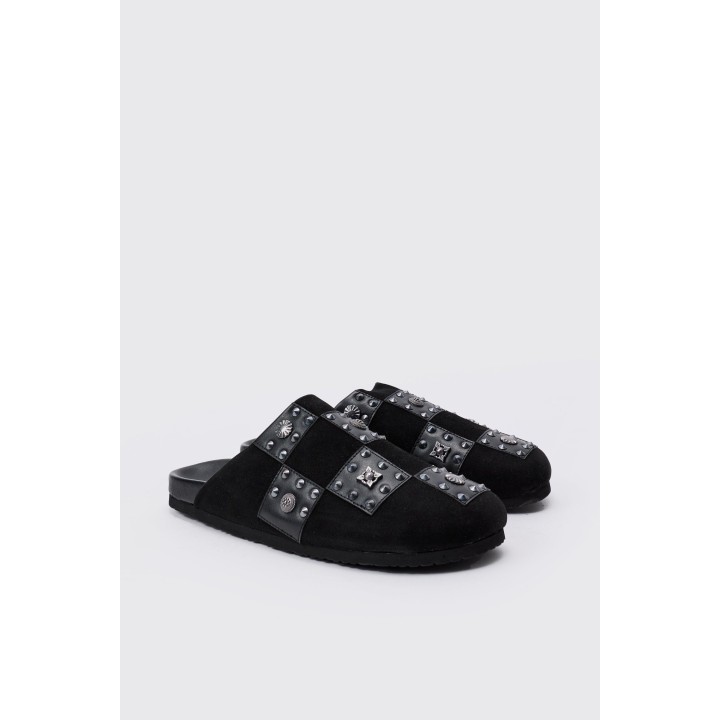 Karierte Mules mit Metall-Detail - Schwarz - 41, Schwarz