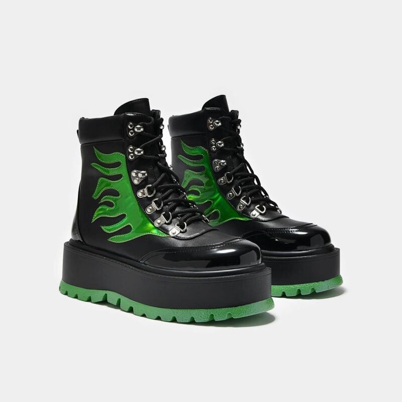 KOI - Gothic Schnürstiefel - CHA CHA CHA Hologram Flame Boots - EU36 bis EU41 - für Damen - Größe EU36 - schwarz/grün