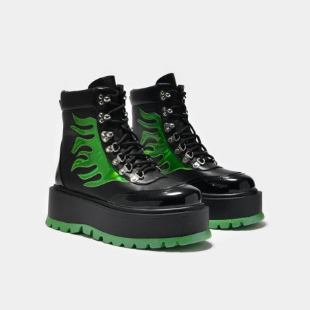 KOI - Gothic Schnürstiefel - CHA CHA CHA Hologram Flame Boots - EU36 bis EU41 - für Damen - Größe EU36 - schwarz/grün
