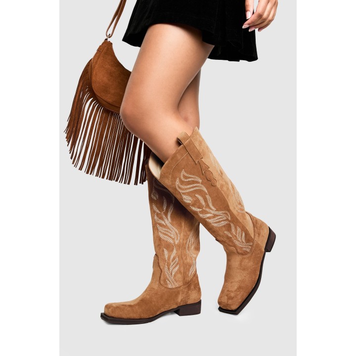 Flache Western-Stiefel Aus Wildlederimitat - Tan - 38, Tan