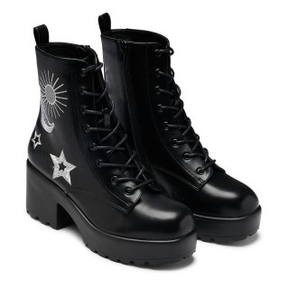 KOI - Gothic Boot - Astro Silver Star & Moon Chunky Boots - EU36 bis EU40 - für Damen - Größe EU36 - schwarz