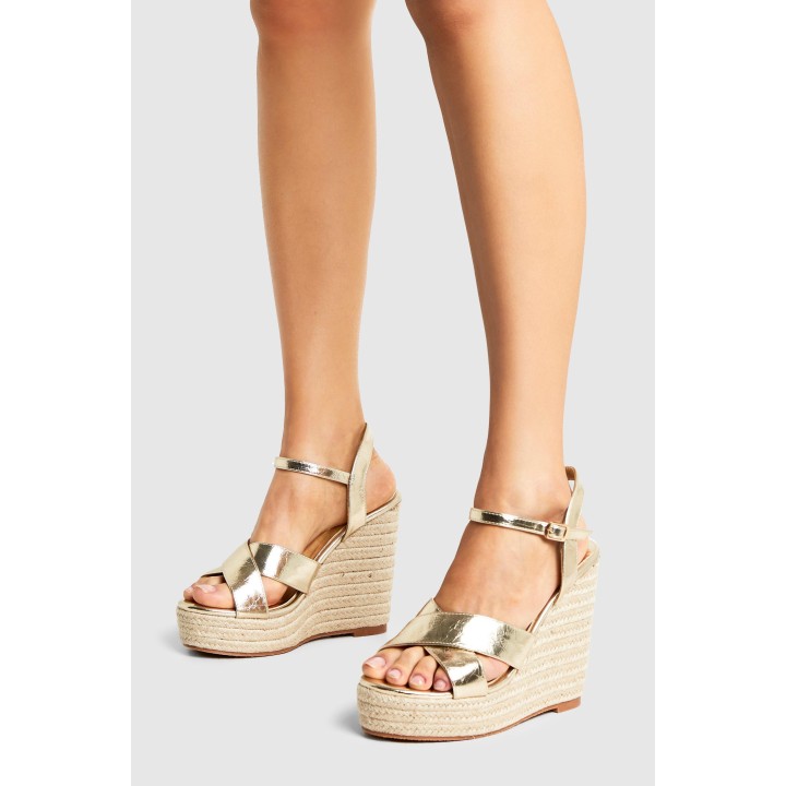 Breite Passform Metallic Wedges Mit Überkreuzten Trägern - Gold - 38, Gold