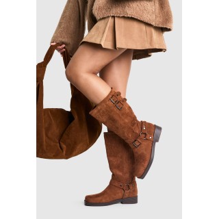 Bikerstiefel Aus Wildlederimitat Mit Schnallen-Detail - Tan - 38, Tan