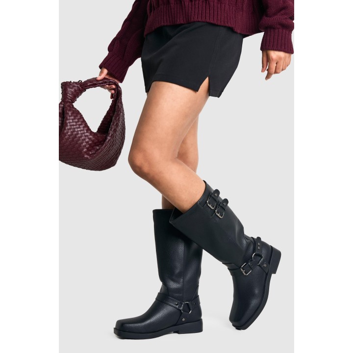 Strukturierte Biker-Stiefel In Lederoptik Mit Schnallen-Detail - Black - 38, Black