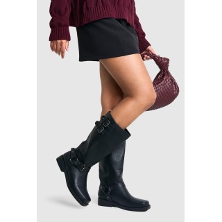 Breite Passform Strukturierte Bikerstiefel In Lederoptik Mit Schnallen-Detail - Black - 39, Black