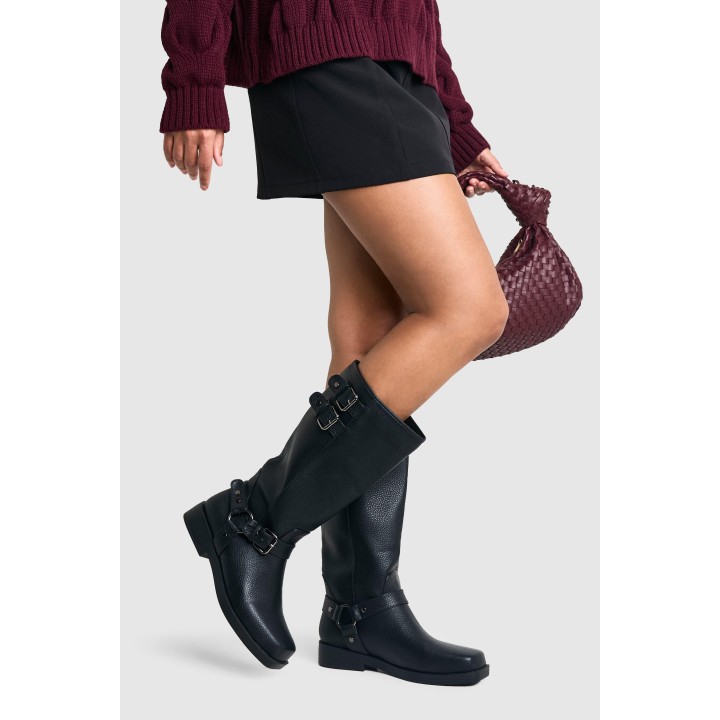 Breite Passform Strukturierte Bikerstiefel In Lederoptik Mit Schnallen-Detail - Black - 39, Black