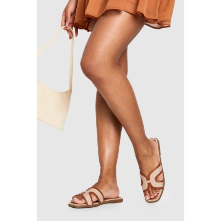 Kontrast Cut-Out Slides Mit Bast-Strickerei - Camel - 38, Camel
