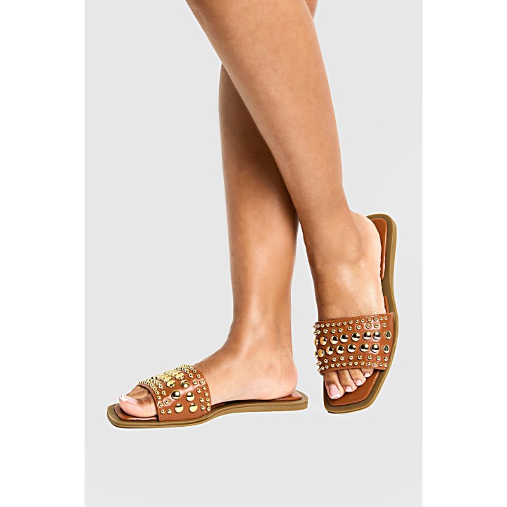 Goldene Sandalen Mit Nieten - Tan - 38, Tan