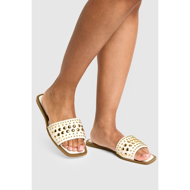 Breite Passform Sandalen Mit Gold-Nieten - White - 38, White