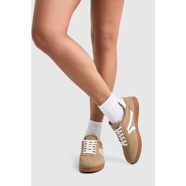 Flache Sneaker Aus Wildlederimitat Mit Kontrast-Streifen - Beige - 38, Beige