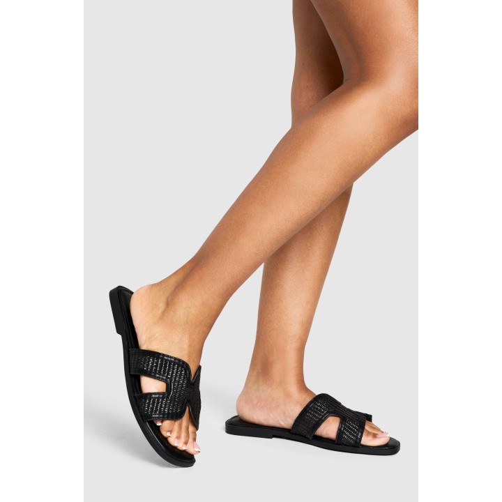 Breite Passform Cut-Out Bast-Sandalen - Black - 38, Black