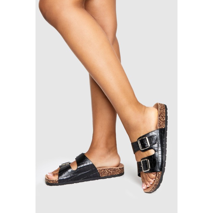 Kroko-Slides Mit Doppelter Schnalle - Black Croc - 37, Black Croc