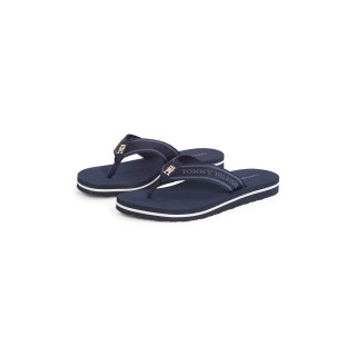 Tommy Hilfiger Zehentrenner "HILFIGER WEBBING BEACH SANDAL", Sommerschuh, Flats, Bequemschuh, Dianette mit zweifarbiger Sohle