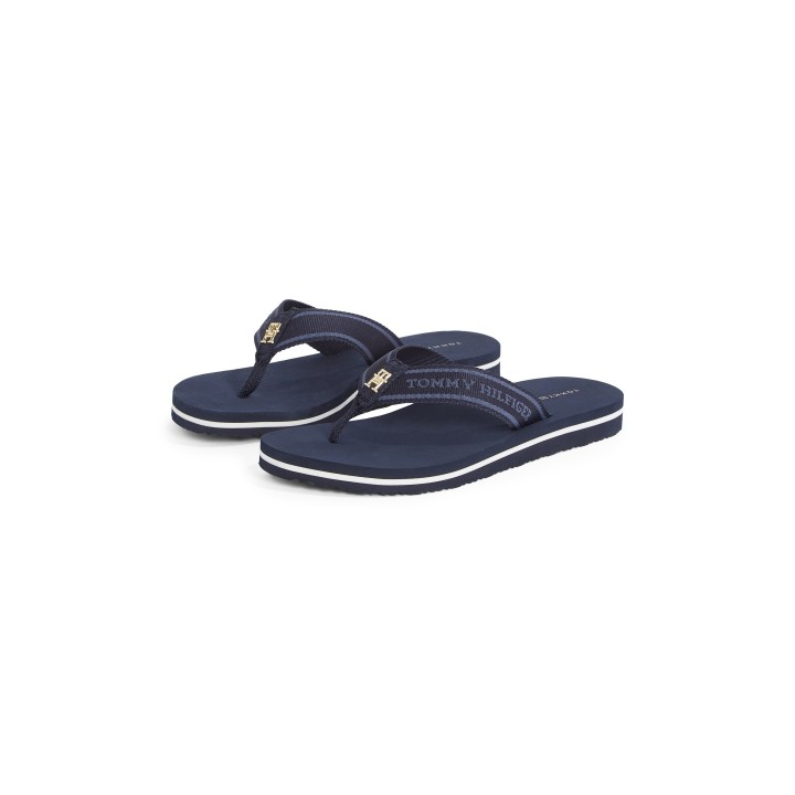 Tommy Hilfiger Zehentrenner "HILFIGER WEBBING BEACH SANDAL", Sommerschuh, Flats, Bequemschuh, Dianette mit zweifarbiger Sohle