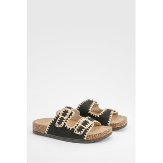 Slides Mit Doppelter Schnalle Und Kontrast-Naht-Detail - Black - 38, Black