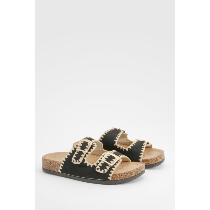 Slides Mit Doppelter Schnalle Und Kontrast-Naht-Detail - Black - 38, Black