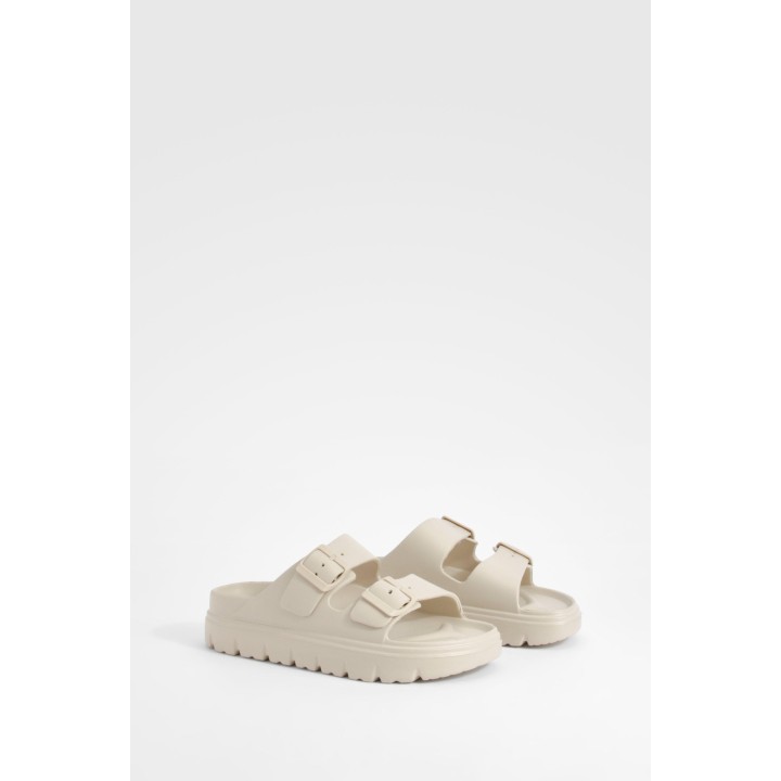 Breite Passform Sliders Mit Doppelten Riemchen Und Schnalle - Beige - 36, Beige